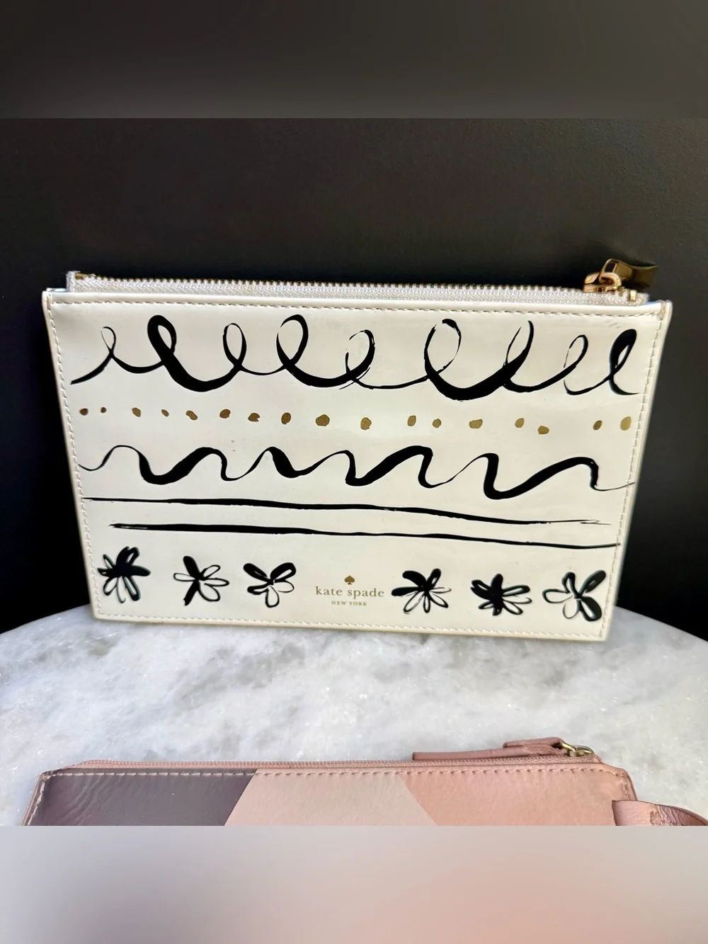 Kate Spade Zip Pouch Set of 2 - Geometric Leather Wristlet & Printed Clutch
